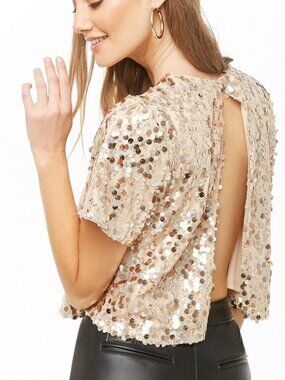 Forever 21 Rose Gold Sequin Open-Back Top XS